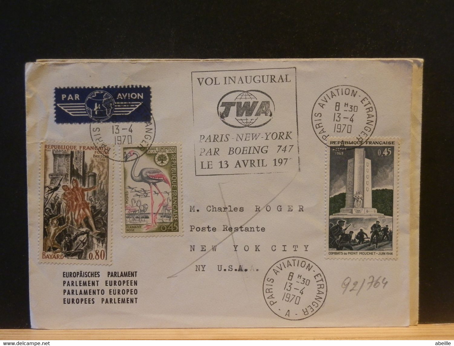 92/764 LETTRE     FRANCE  POUR USA 1° VOL  1970 - Sonstige & Ohne Zuordnung