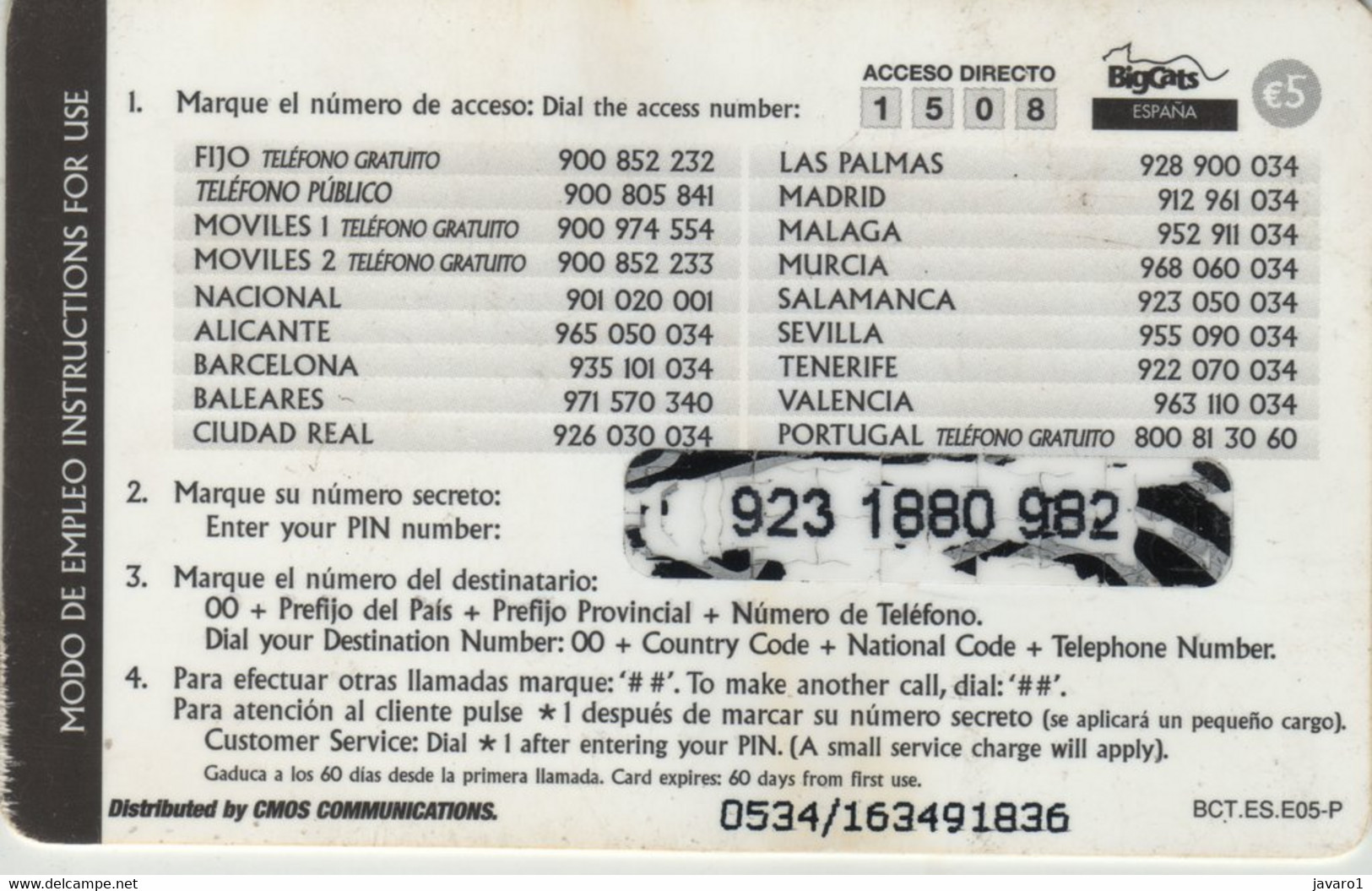 SPAIN : CMOS2M 5 EUR BIG CATS Leopard / Rev. Code BCT.ES.E05-P USED - Autres & Non Classés