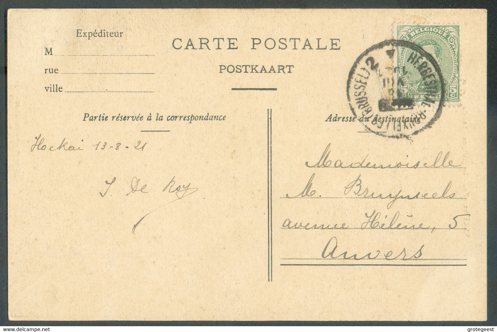 AMBULANT N°137 - 5 Centimes Em. 1915, obl; Sc AMBULANT HERBESTHAL-BRUXELLES (BRUSSEL) 2 sur Carte Du 18-VIII-1921 Vers A - Ambulante Stempels