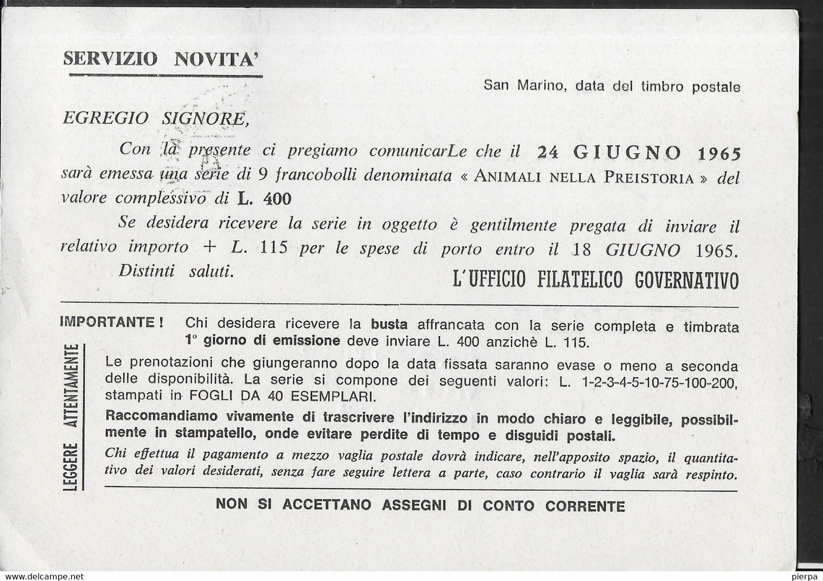 SAN MARINO - CARTOLINA STAMPE UFFICIO FILATELICO 29.3.65 -  PRESTAMPATA - Briefe U. Dokumente