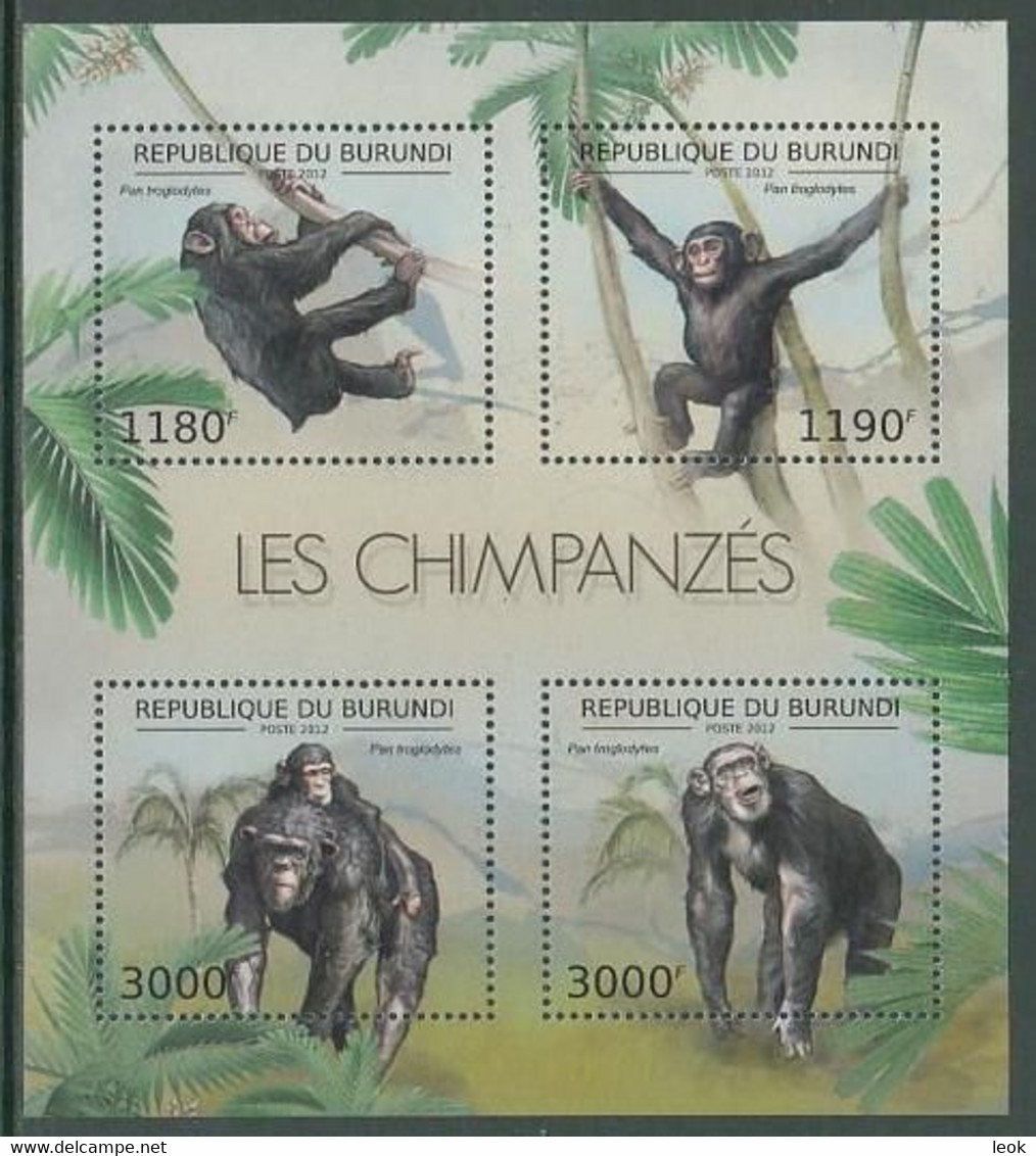 Chimpanzee Chimpanzees Animals Burundi MNH M/S Of 4 Stamps 2012 - Chimpanzees