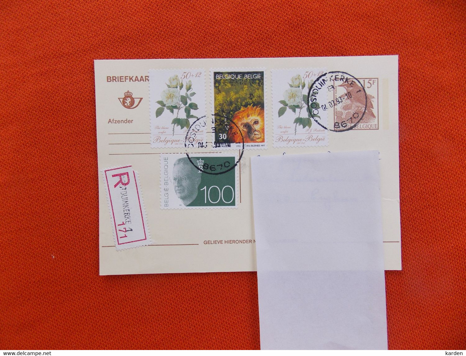 België Briefkaart 1993 Stempel. Oostduinkerke 1 Zegel Boudewijn 100Fr- /1  Voorgedrukte Zegel En 3 Andere  Aangetekend - Other & Unclassified