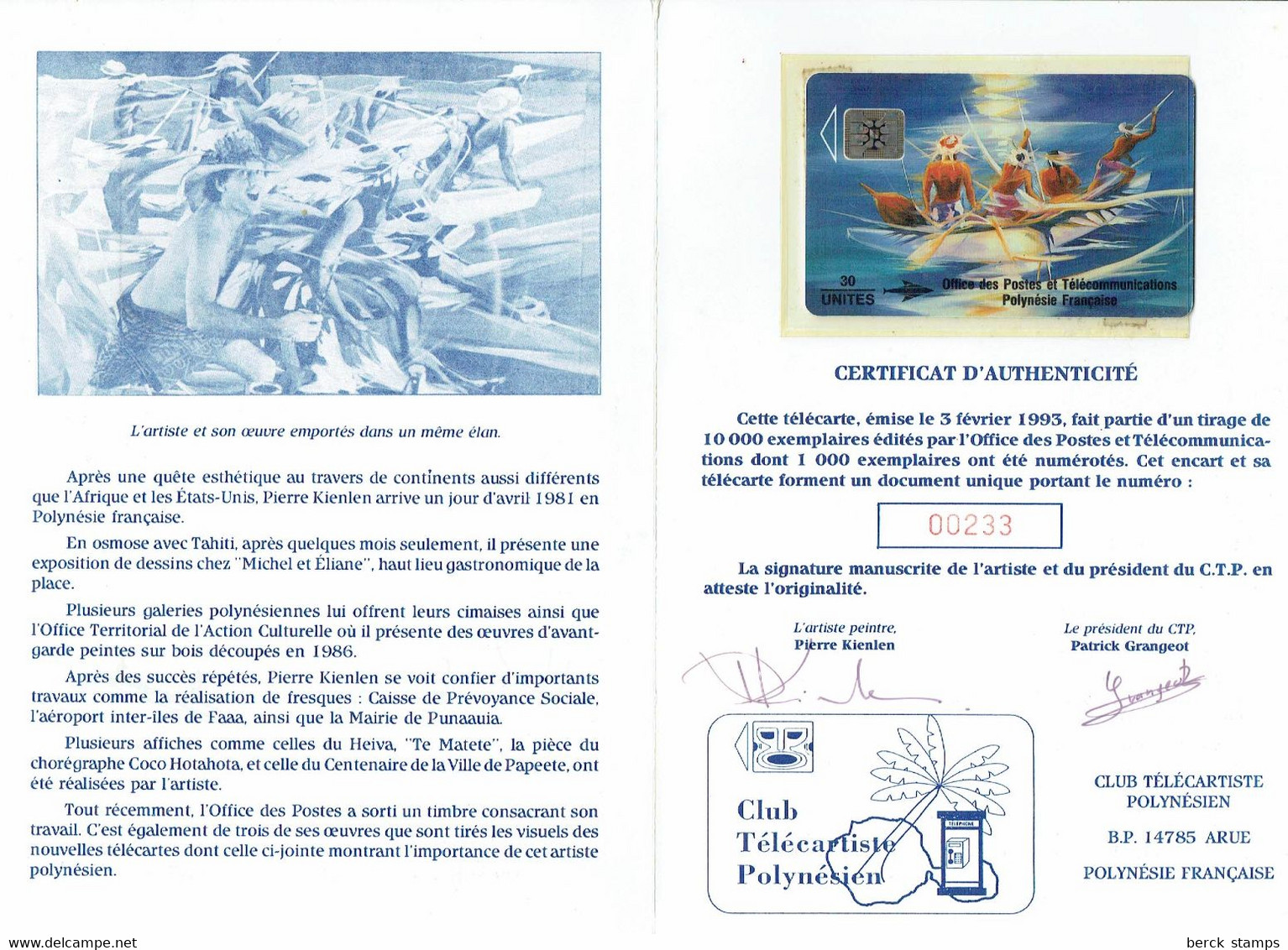 POLYNESIE - N° 424 - Pêcheur Au Patia En Feuillet Complet Signé Par Pierre KIENLEN + Carte Téléphone + F.D.C. - Autres & Non Classés