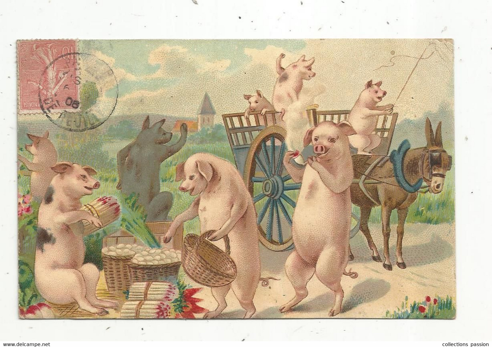 Cp ,  Commerce , Marché , Humour , Cochons , Voyagée 1908  , Illustrateur, Union Postale Universelle - Märkte