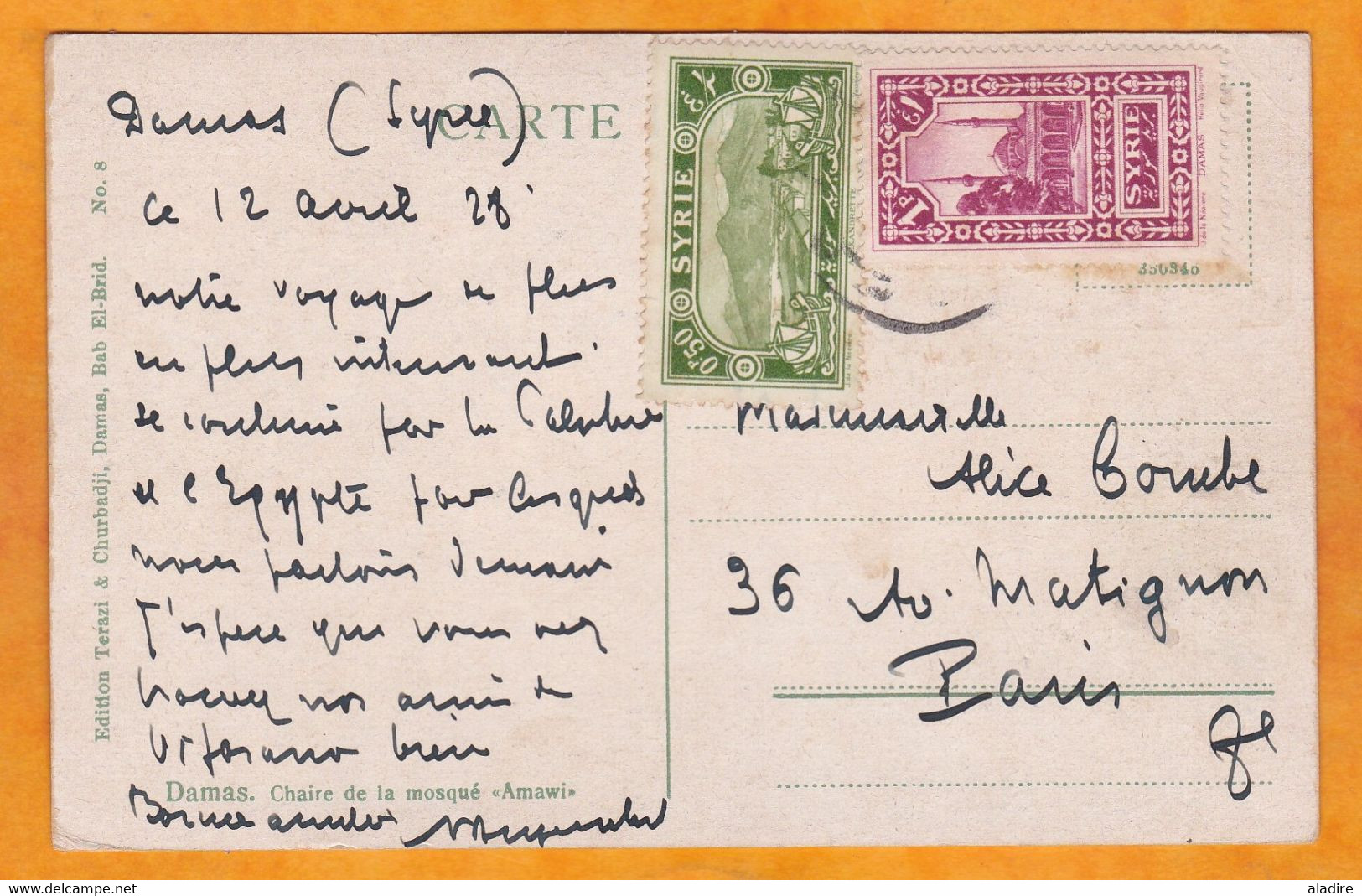 1928 - Carte Postale De Damas, Syrie Vers Paris, France - Affrt 1 P 50 C Damas Et Alexandrette - Vue Mosquée AMAWI - Briefe U. Dokumente