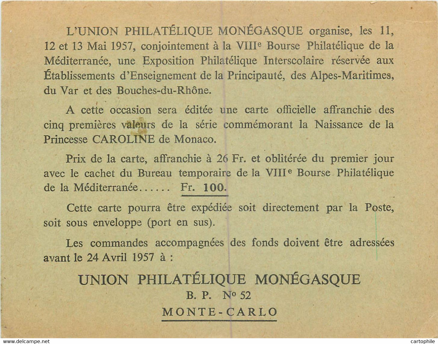 CP De L'Office Des Emissions De TP De La Principauté De Monaco 1957 - Lettres & Documents