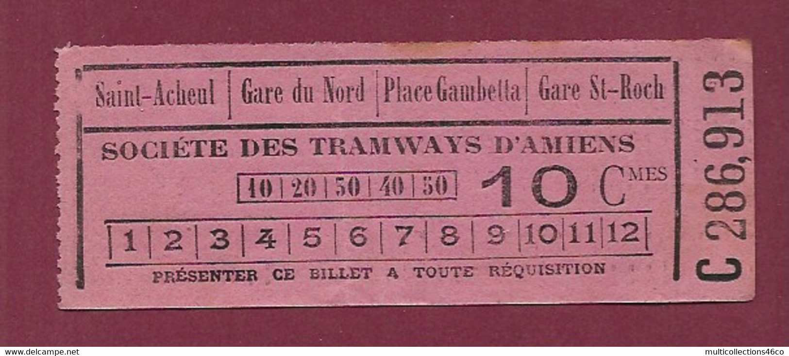 140121 TICKET CHEMIN DE FER TRAM METRO - C286913 Société Tramways AMIENS 10 Cmes Saint Acheul Gare Du Nord Gare St Roch - Europe