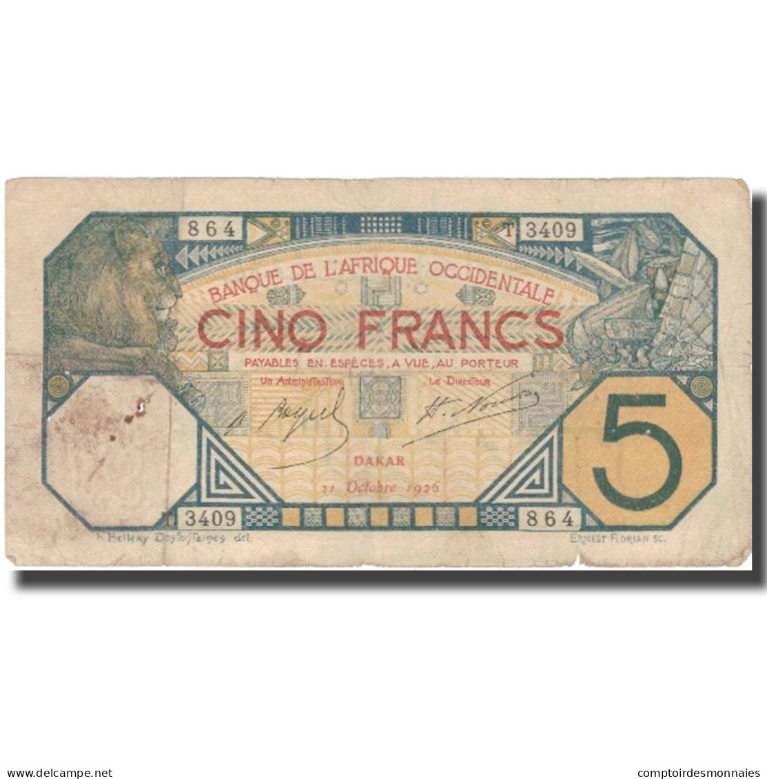 Billet, French West Africa, 5 Francs, 1926, 1926-02-17, KM:5Bc, TB - États D'Afrique De L'Ouest