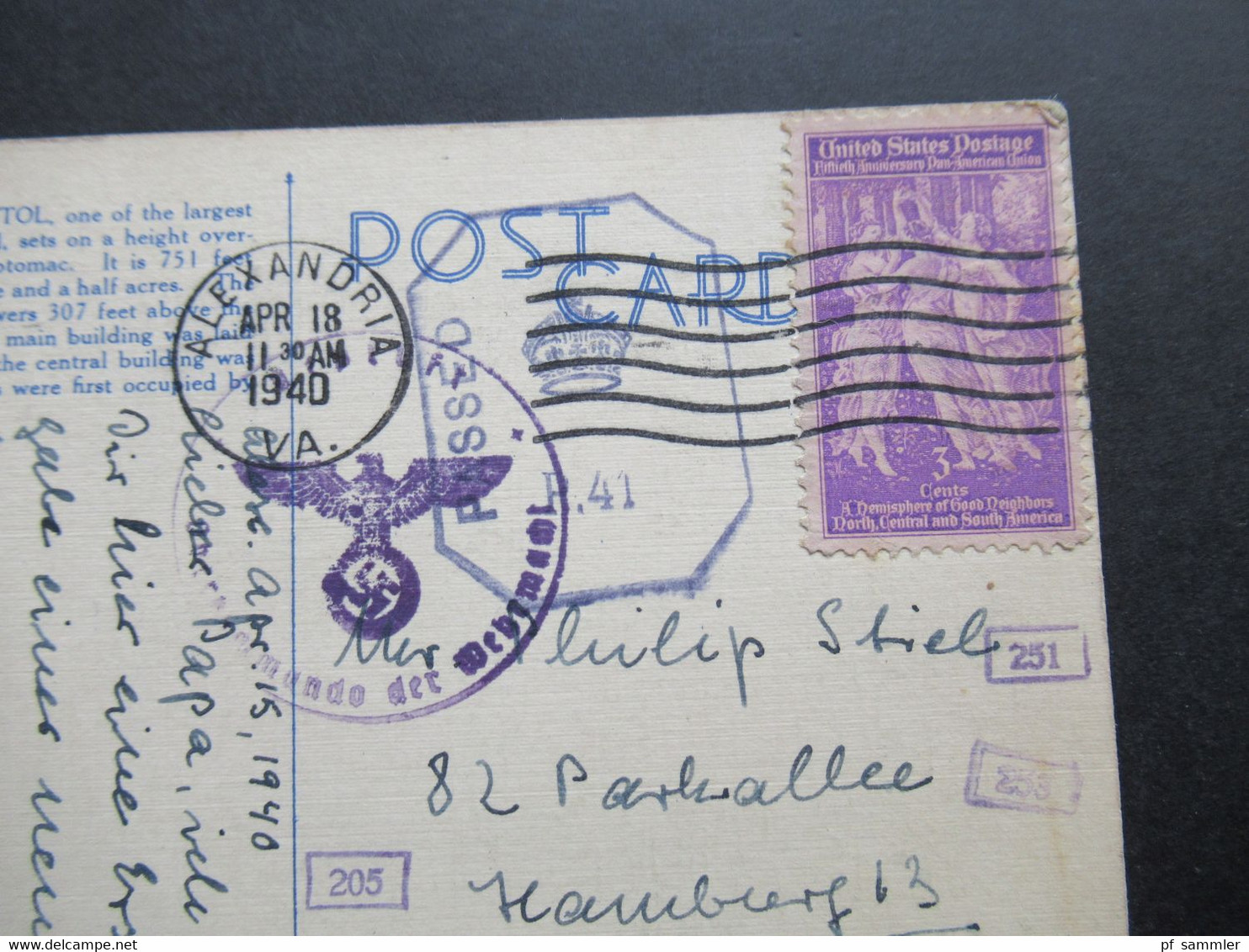 USA 1940 Zensurbeleg AK US Capitol Washington DC OKW Mehrfachzensur Mit 5 Stempeln + Passed P.41 US Zensur - Storia Postale