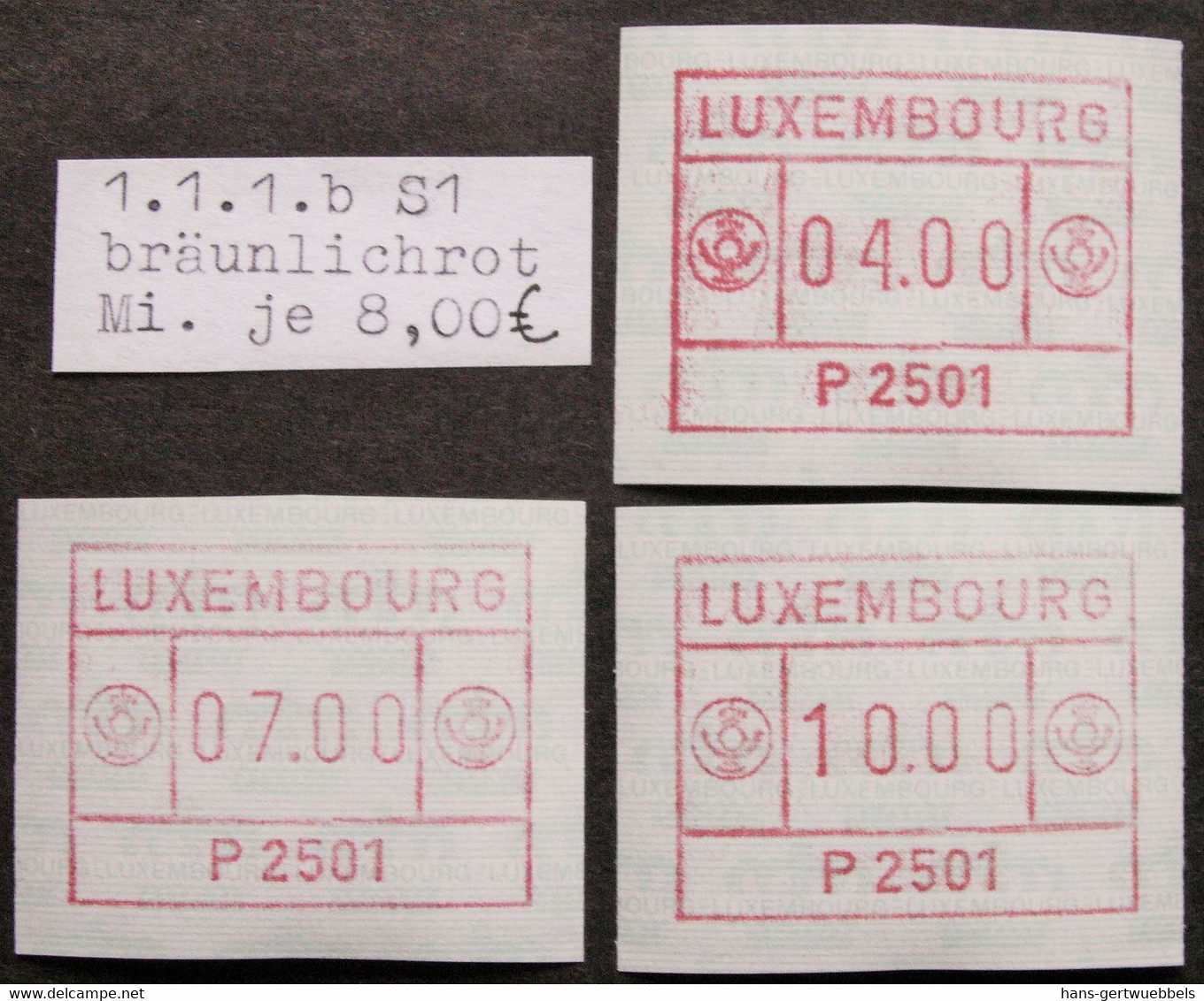 Luxemburg 2 ATM-Sätze ** Postfrisch: 1x 1.1.1b S1 Bräunlichrot 4-7-10 & 1x 1.5.c S2 Graulila 6-10-12. Mi. 33,00 €. - Postage Labels