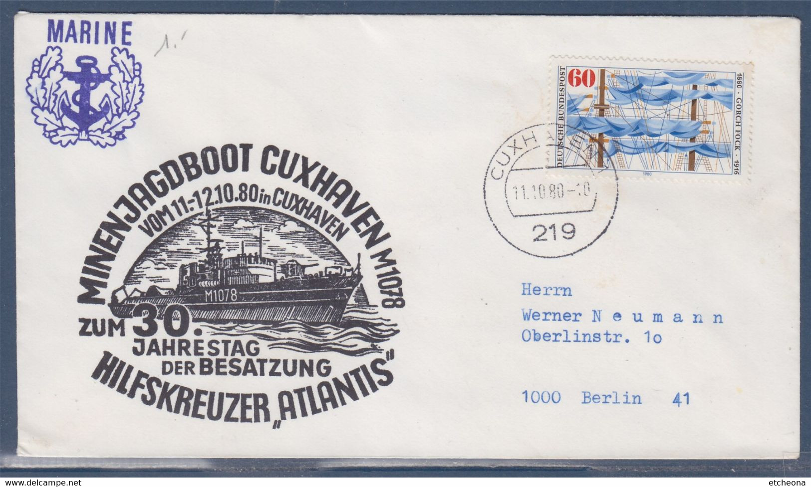 Marine, Chasseur De Mines Cuxhaven, Croiseur Auxiliaire Atlantis Enveloppe 11.10.80 , 1 Timbre, Allemagne - Andere(Zee)