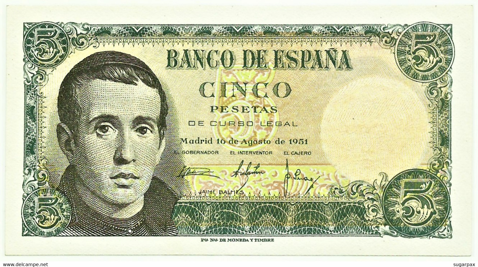 ESPAÑA - 5 Pesetas - 10.08.1951 - Pick 140 - AUnc. - Serie F - Jaime Balmes - 5 Pesetas