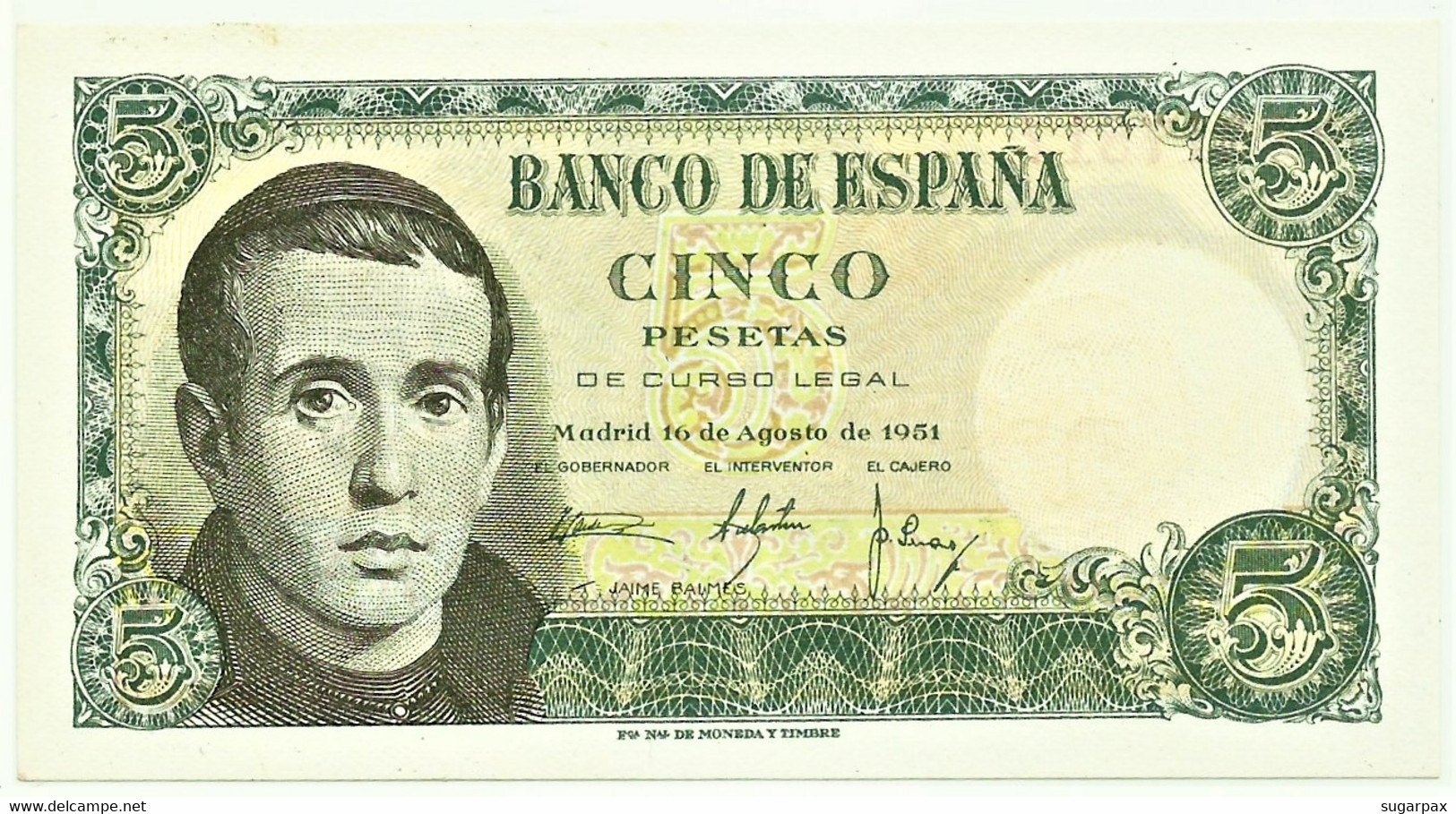 ESPAÑA - 5 Pesetas - 10.08.1951 - Pick 140 - AUnc. - Serie M - Jaime Balmes - 5 Pesetas