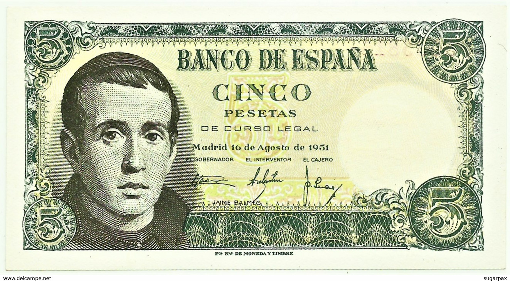 ESPAÑA - 5 Pesetas - 10.08.1951 - Pick 140 - Unc. - Serie P - Jaime Balmes - 5 Pesetas