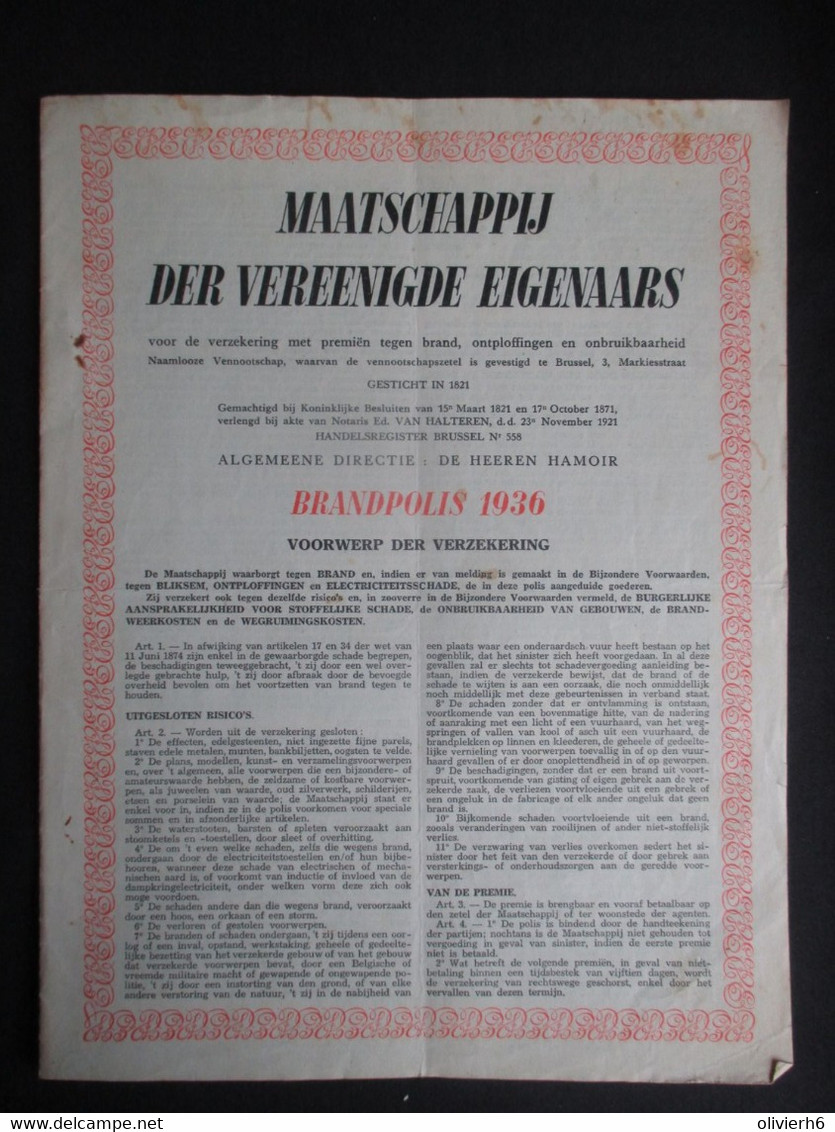 VP ASSURANCE 25/08/1954 (V2030) MAATSCAPPIJ DER VEREENIGDE EIGENAARS (2 Vues) BRUSSEL Markiesstraat 3 - Bank En Verzekering