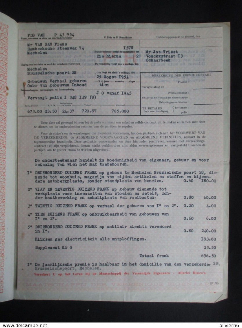 VP ASSURANCE 25/08/1954 (V2030) MAATSCAPPIJ DER VEREENIGDE EIGENAARS (2 Vues) BRUSSEL Markiesstraat 3 - Bank En Verzekering