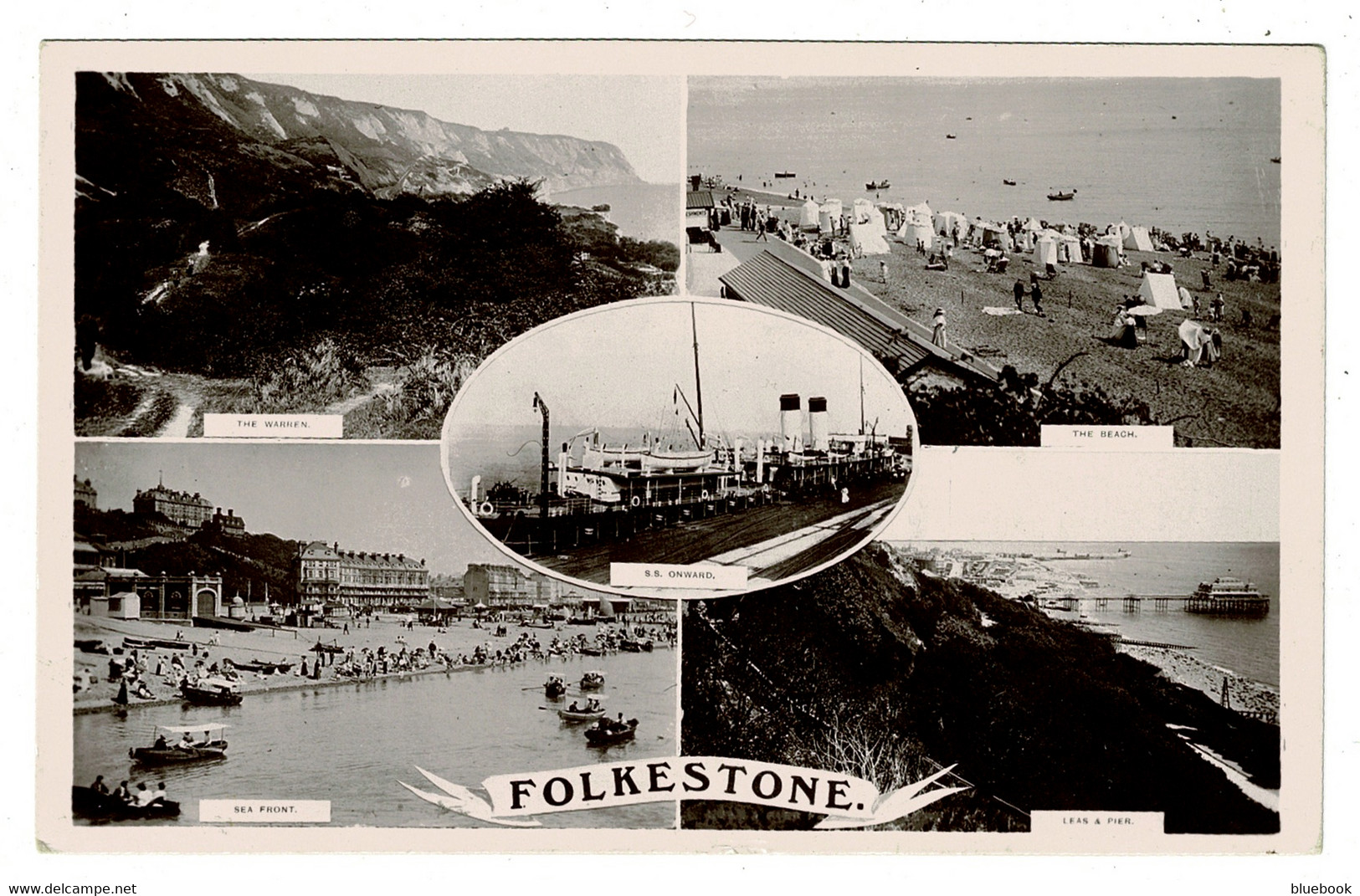 Ref BB 1450  - 1911 Real Photo Multiview Postcard - S.S. Onward - Leas & Pier - Folkestone Kent - Folkestone
