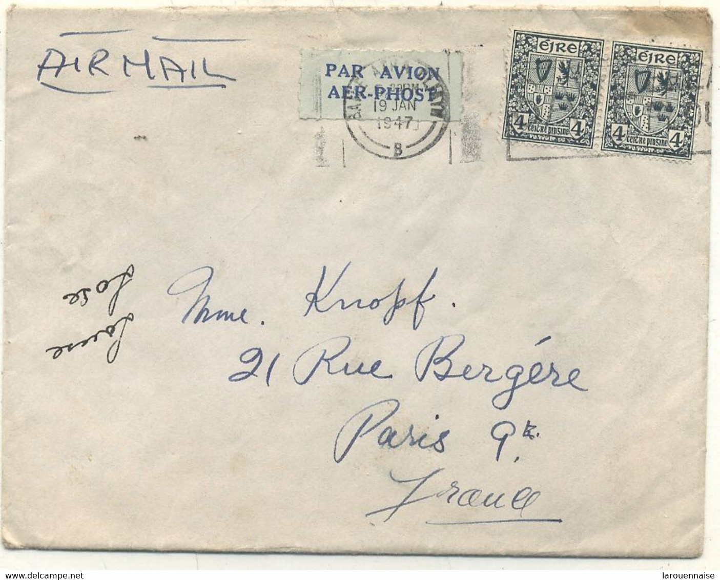 IRELANDE - LETTRE PAR AVION Pour PARIS . C à D  19 JAN.1947 - Briefe U. Dokumente