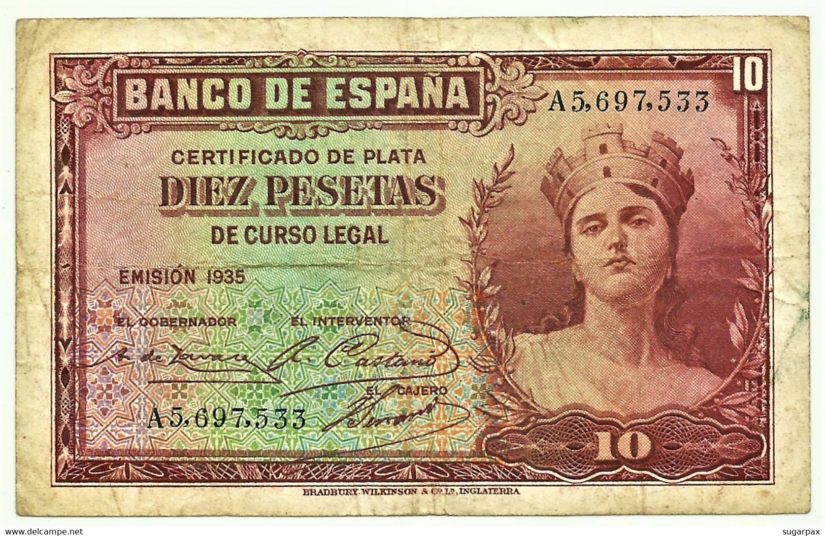 ESPAÑA - 10 Pesetas - Emission 1935 ( 1936 ) - Pick 86 - Serie A - Silver Certificate - 10 Pesetas