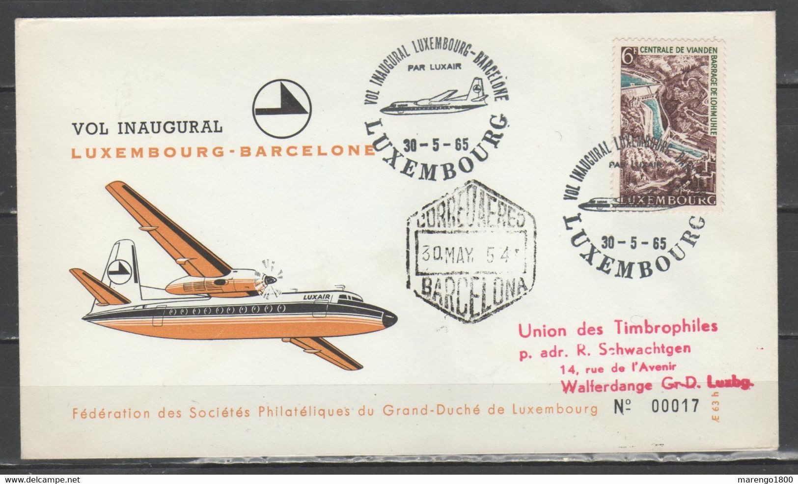 Lussemburgo 1965 - Primo Volo Luxair Lussemburgo-Barcellona          (g7149) - Briefe U. Dokumente