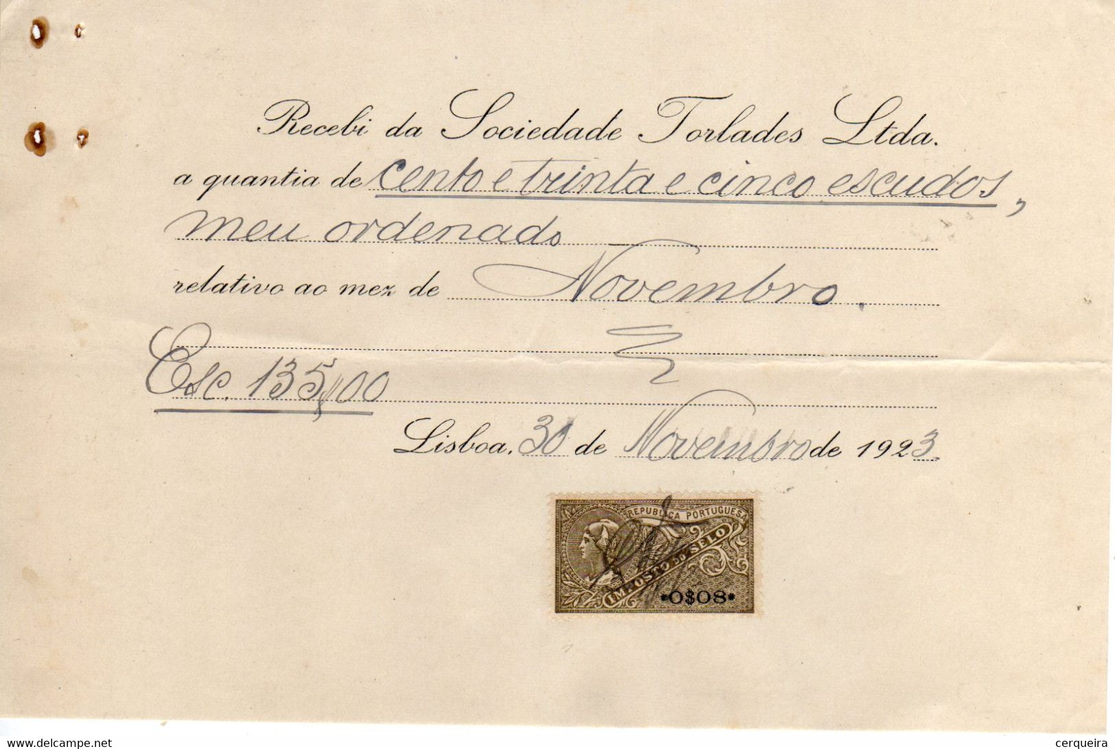 RECIBOS DA SOCIEDADE TORLADES LTDª - Lettres & Documents