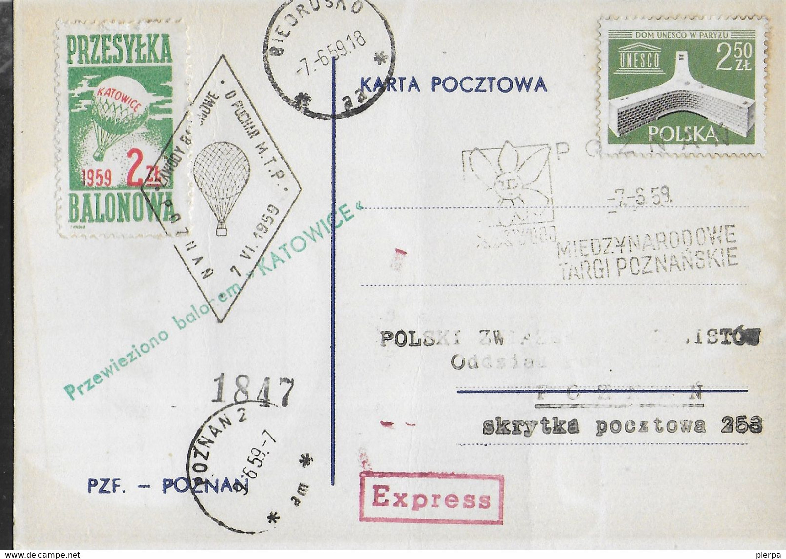 POLONIA - BALLON POST DA BIERUSKO 7.6.59 PER POZNAN 9.5.50 SU CARTOLINA EXPRESS - Balloons