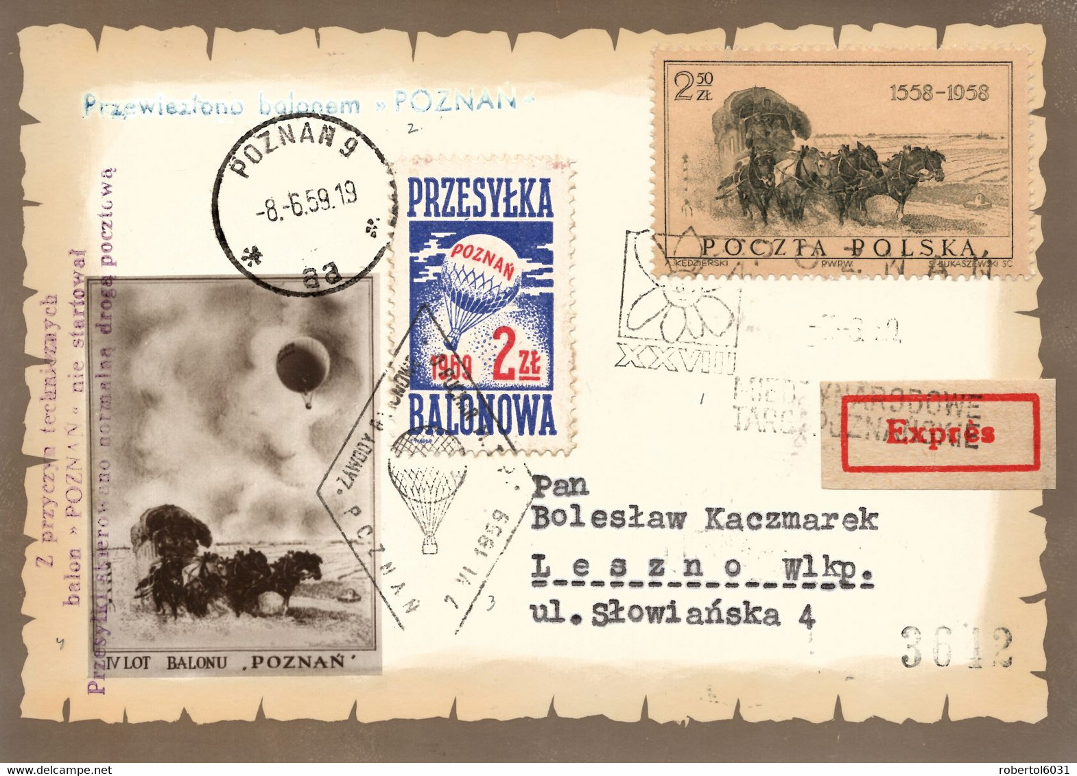 Poland 1959 Souvenir Thincard Posted By Balloon Post From Poznan To Leszno Flown By Balloon "Poznan" - Balloons