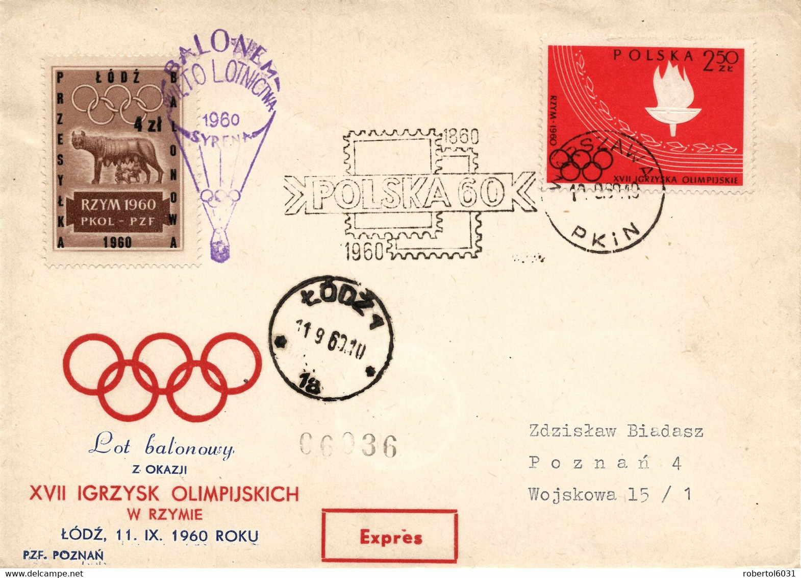 Poland 1960 Souvenir Rome Olympics Games Cover Posted By Balloon Post From Lodz To Poznan - Balloons