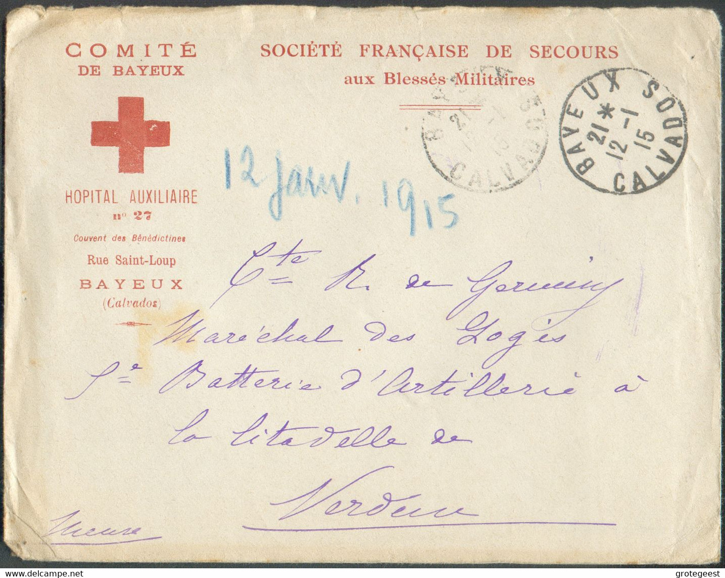 Enveloppe Avec Contenu De La Société De Secours Aux Blessés Militaires - COMITE De BAYEUX HOPITAL AUXILIAIRE N°27 Obl. S - Other & Unclassified