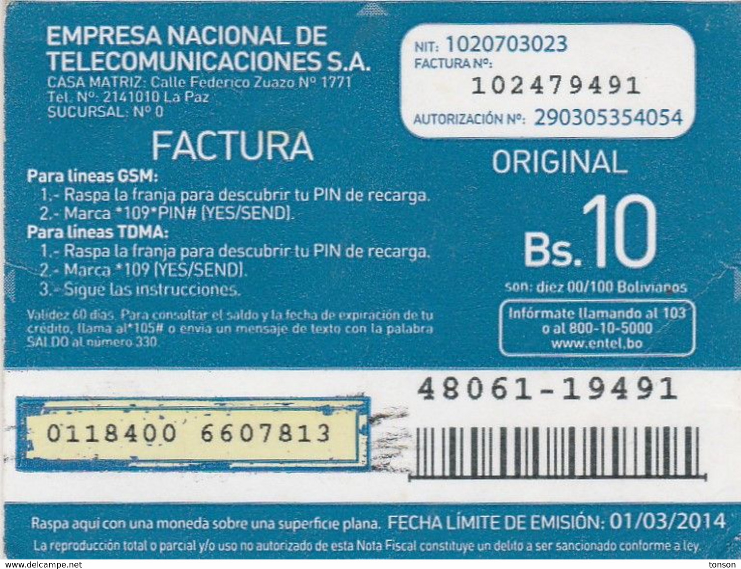 Bolivia, BO-EMV-276B, Rescate Entel, 2 Scans.   No Point After Code Number - Bolivien