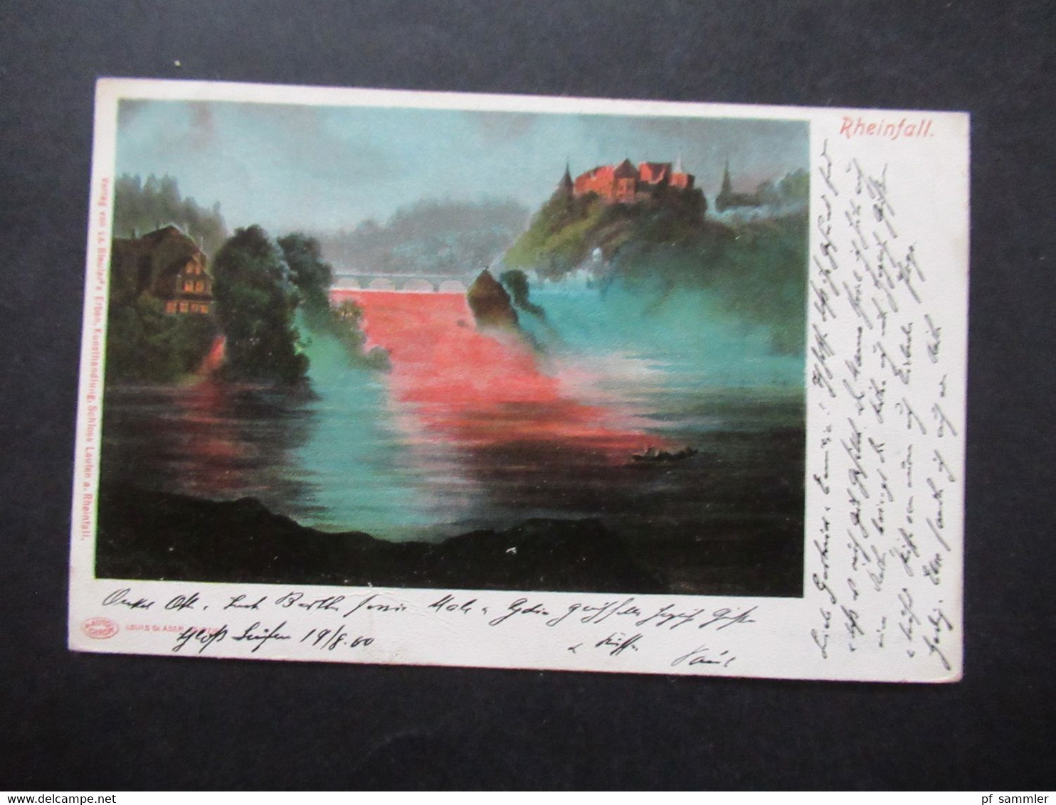 Schweiz AK 1900 Rheinfall Schloss Laufen Auto Chrom Louis Glaser Nach Stuttgart Stempel XII Nr. 71 UPU 2 Verschied. Farb - Briefe U. Dokumente