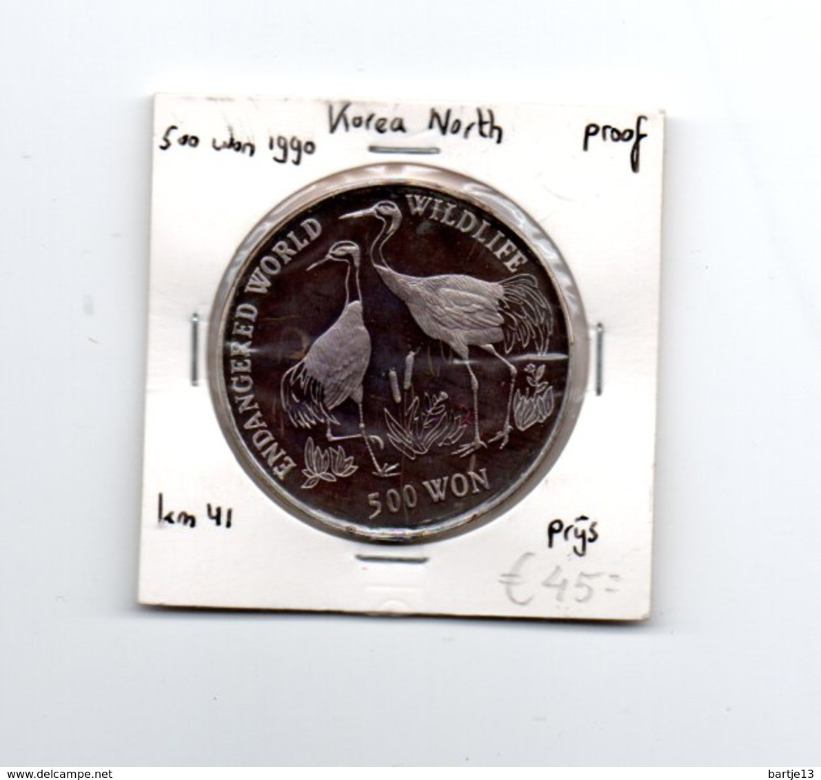 NOORD KOREA 500 WON 1990 ZILVER PROOF RED CROWNED CRANE KRAANVOGELS - Corée Du Nord