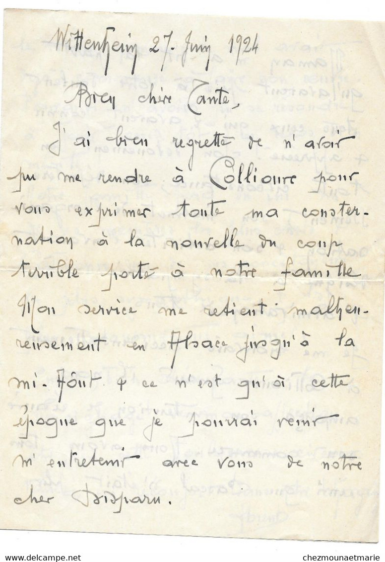 1924 WITTENHEIM - LETTRE DE COMPASSION D UN SOLDAT POUR SA TANTE A COLLIOURE SUITE À UN DECES (PASCAL) - Manuscripts