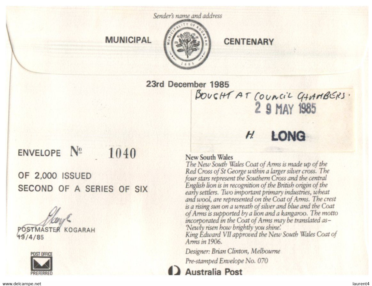 (FF 24) Australia - Greetings From Municipaltity Of Kogarah Centenary (1 Covers 1985) With Insert - Altri & Non Classificati