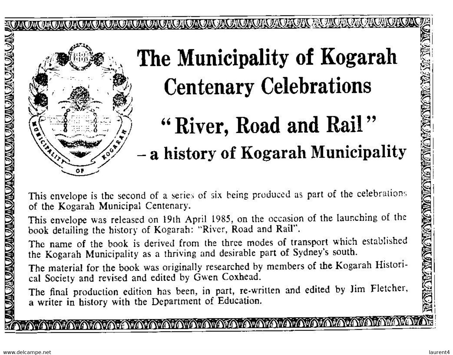 (FF 24) Australia - Greetings From Municipaltity Of Kogarah Centenary (1 Covers 1985) With Insert - Otros & Sin Clasificación