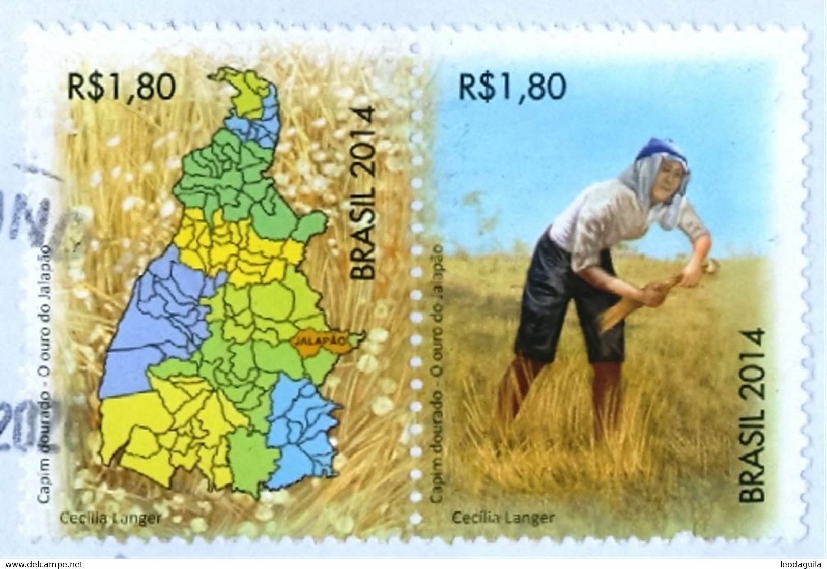 BRAZIL 2014  - FARM WORKER HARVESTING GOLDEN GRASS  (Syngonanthus Nitens) - Used Stamps