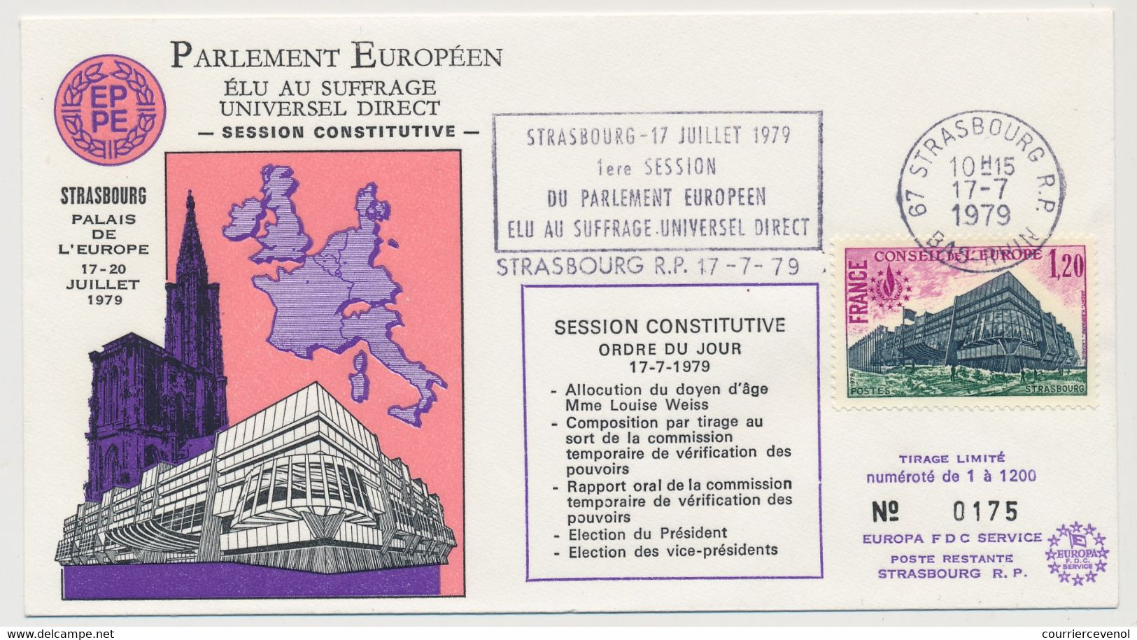 FRANCE => Env. 1,20 Conseil Europe - OMEC 1ere Session Parlement Europ. Strasbourg 17/7/1979 - Session Constitutive - Briefe U. Dokumente