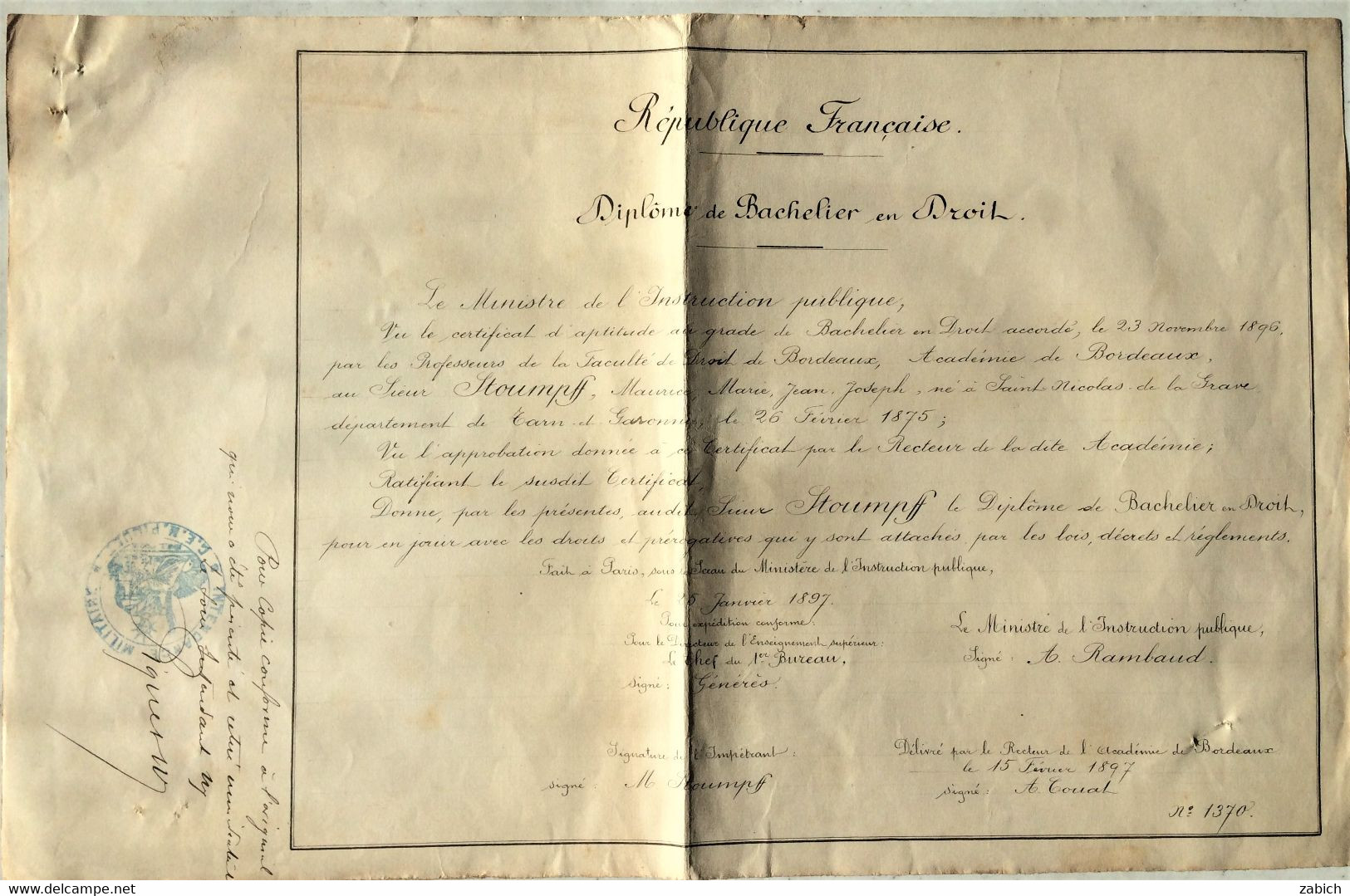 FRANCE DIPLOME DE BACHELIER EN DROIT BORDEAUX 1897 - Diploma's En Schoolrapporten