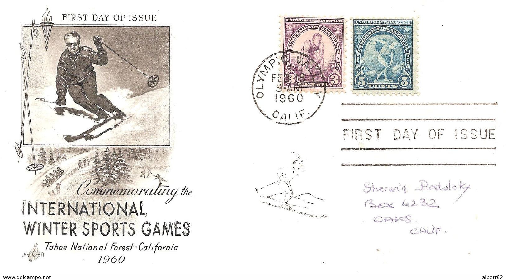 1960 "Olympic Valley" Cachet FDC Sur Timbres Olympiques De Los Angeles 1932 - Winter 1960: Squaw Valley