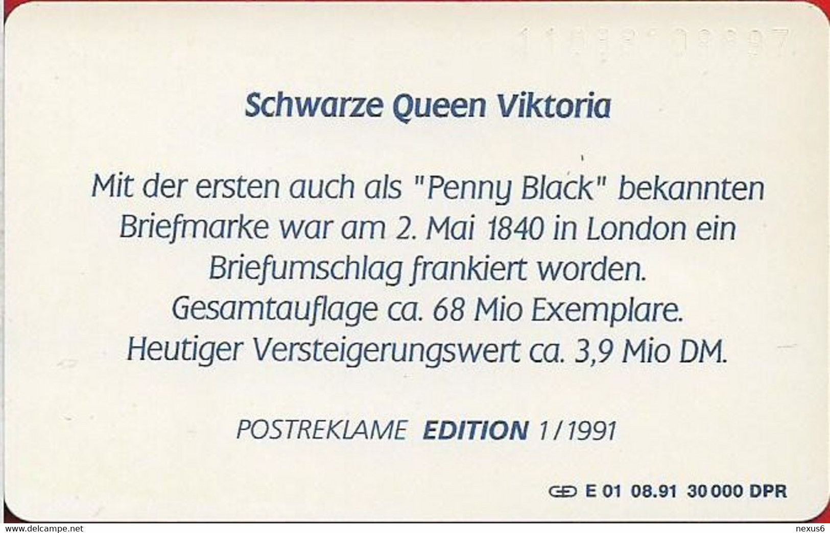 Germany - Briefmarken 1 - Schwarze Queen Viktoria - E 01-08.91 - 12DM/40Units, 30.000ex, Mint - E-Series : Edición Del Correo Alemán