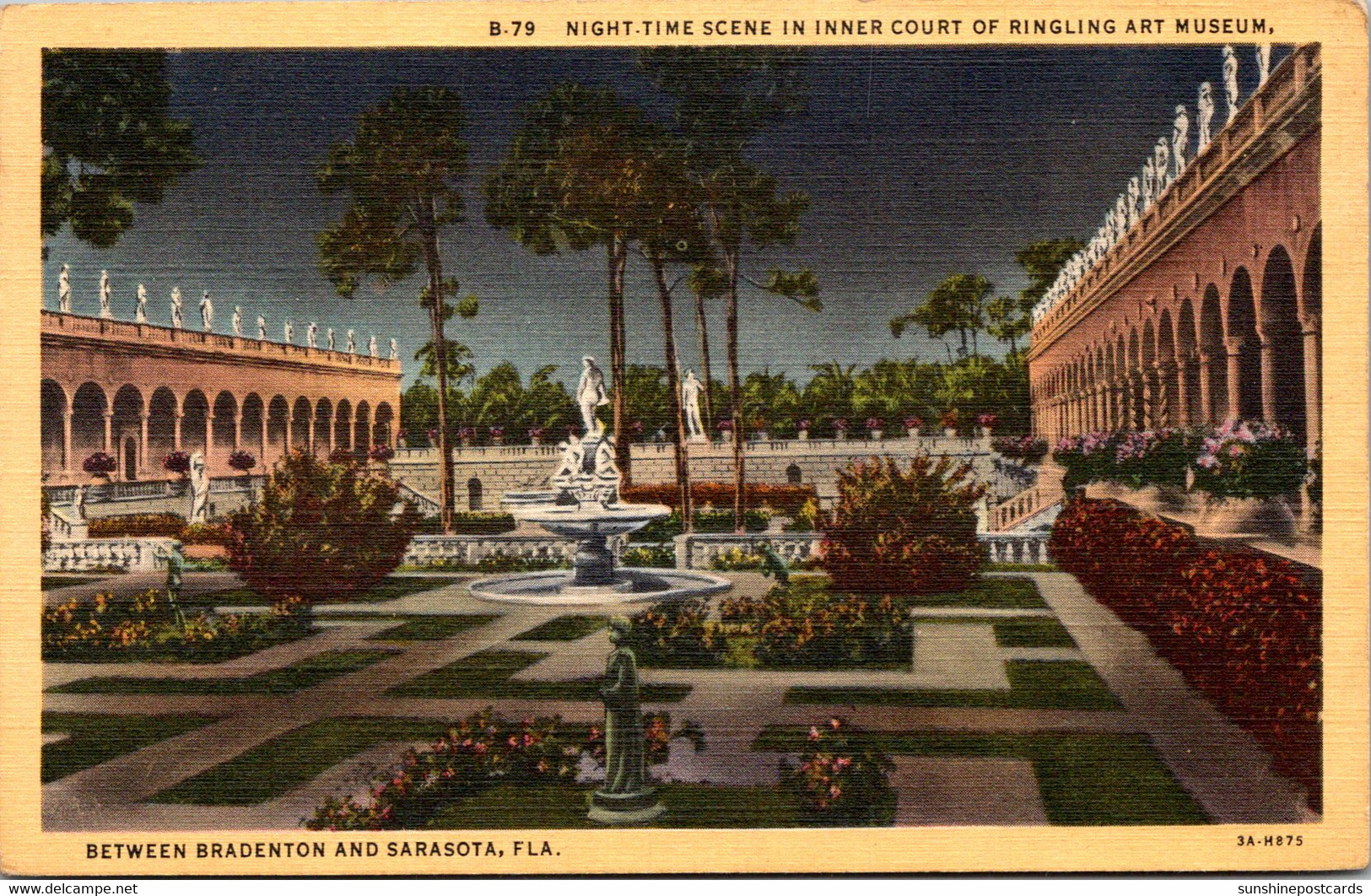 Florida Sarasota Ringling Art Museum Night Time Scene In Inner Court Curteich - Sarasota