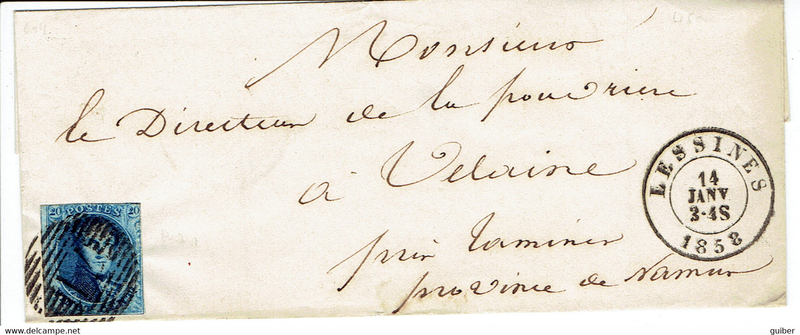 Lettre Médaillon 20C De Lessines 14/01/1858 Vers Velaine Par Tamines P71 Au Directeur De La Poudriere - Balkstempels: Ontvangerijen