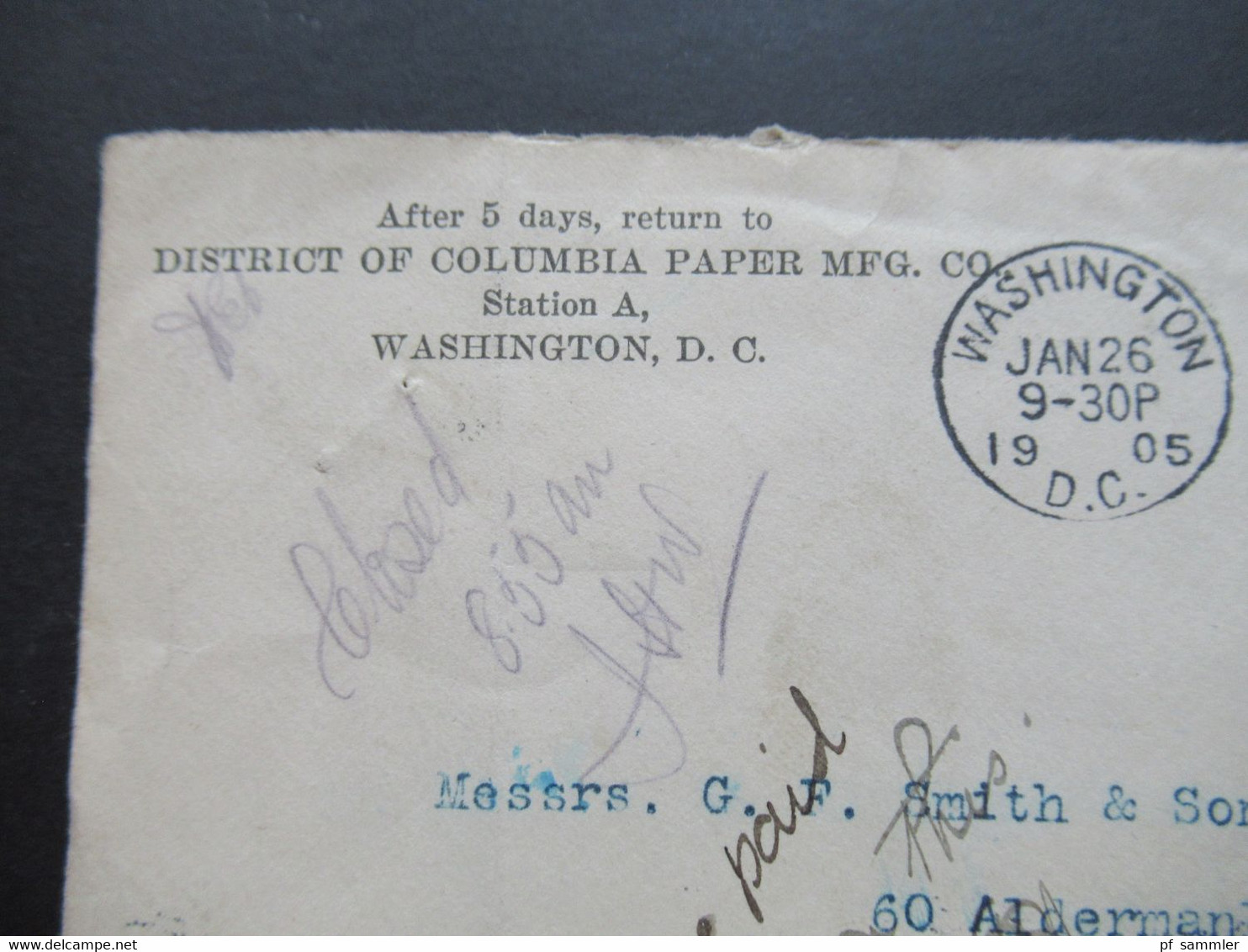 USA 1905 GA Umschlag Mit Fahnenstempel Washington DC Station A Und 3 F.B.B. Stempel Nach London / Nachporto - Covers & Documents