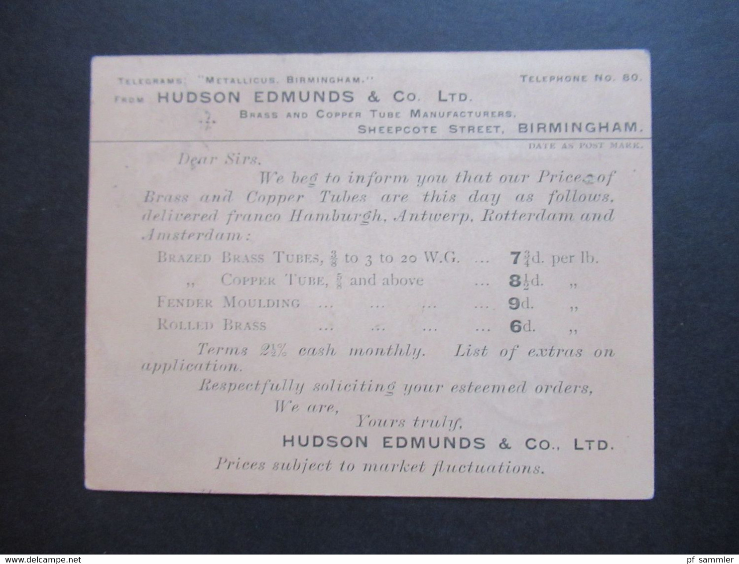 GB 1896 Michel Nr. 86 EF Drucksache Hudson Edmunds & Co. Brass And Copper Tube Manufacturer Birmingham - Non Classés