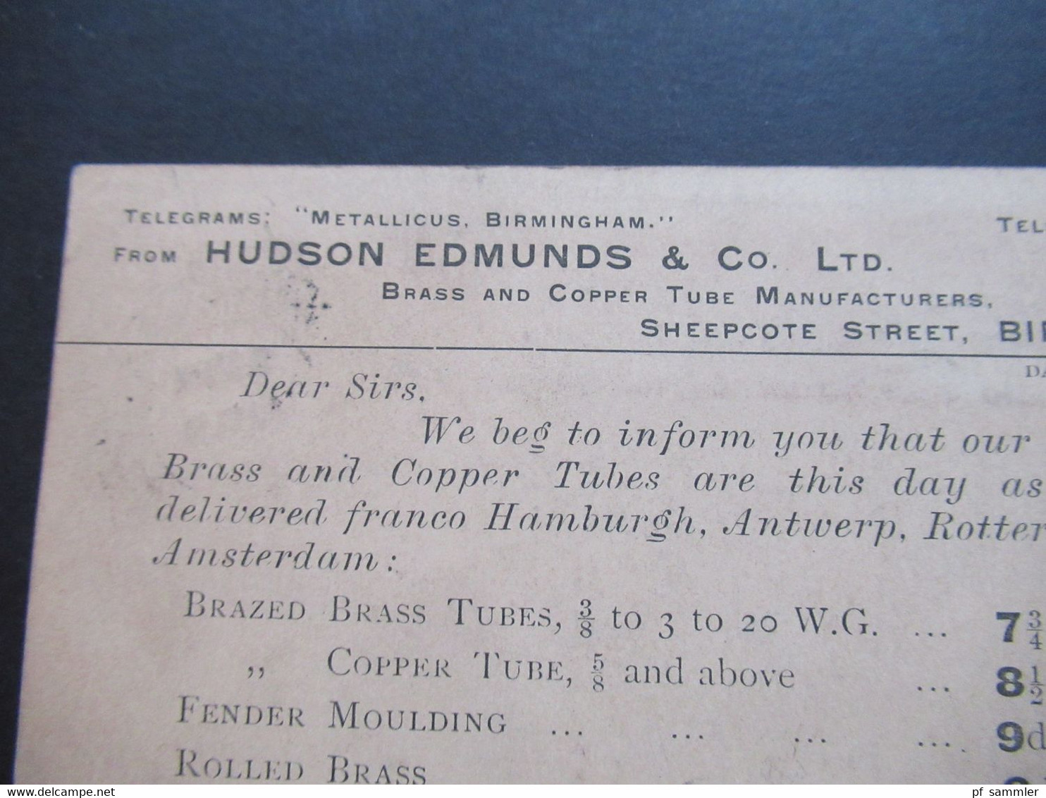GB 1896 Michel Nr. 86 EF Drucksache Hudson Edmunds & Co. Brass And Copper Tube Manufacturer Birmingham - Non Classés