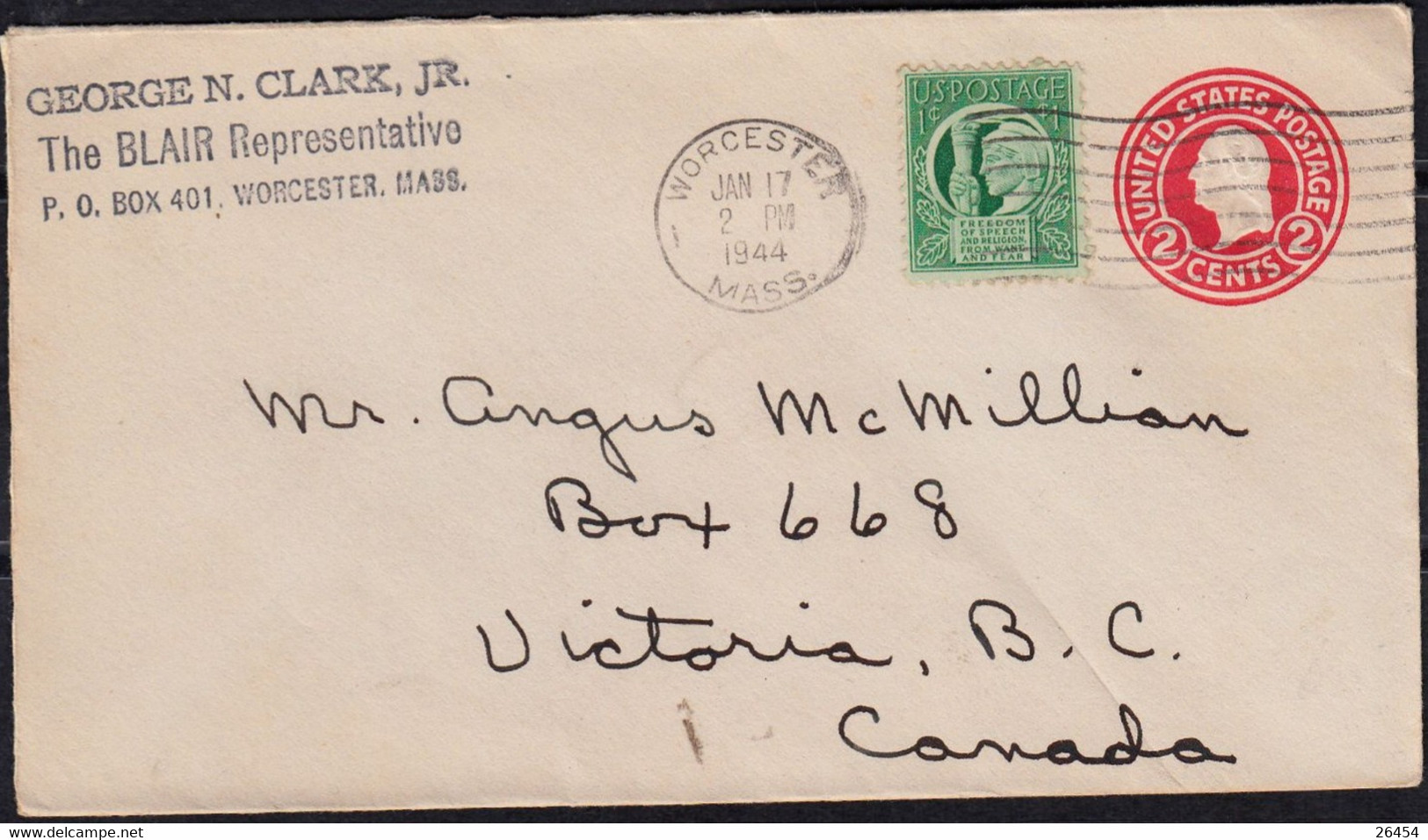 U.S.A Entier 2c Sur Enveloppe De WORCESTER Massachusetts Postée Le 17 Janv 1944  + 1c En Complément Pour VICTORIA Canada - 1941-60