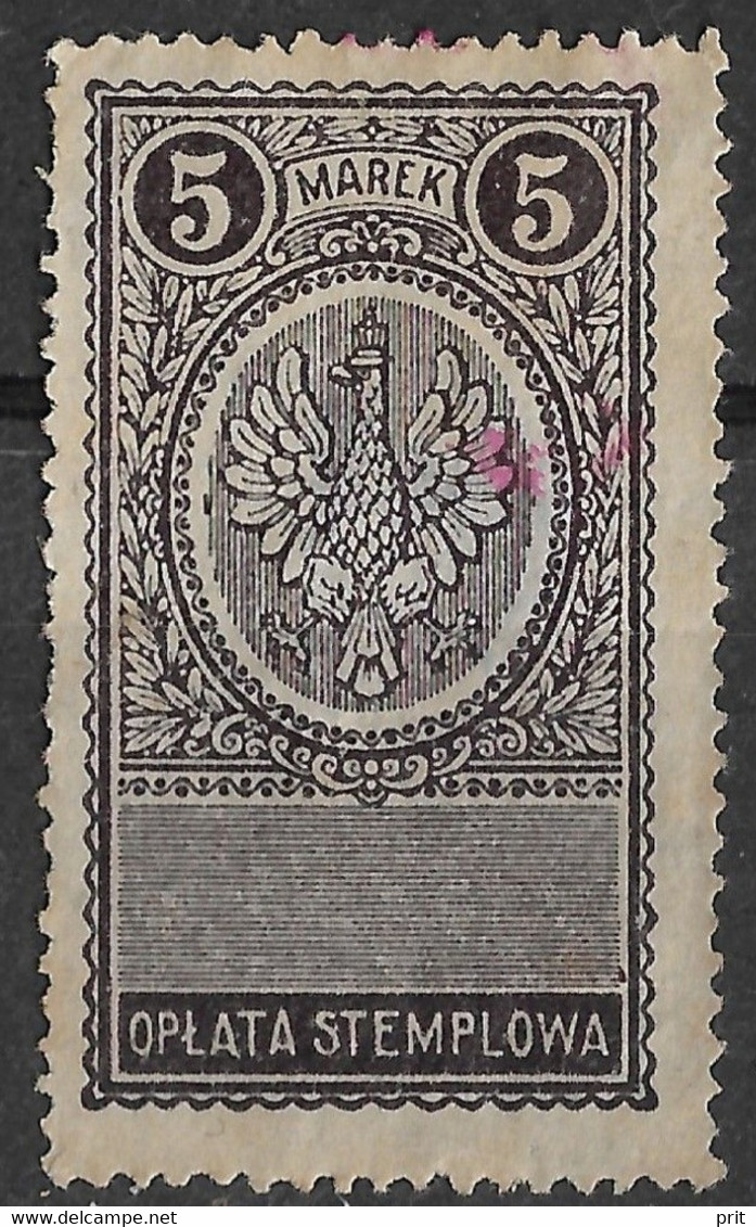 Poland 1921-1923, 5 Marek, Revenue/Fiscal. Opłata Stemplowa - Fiscales