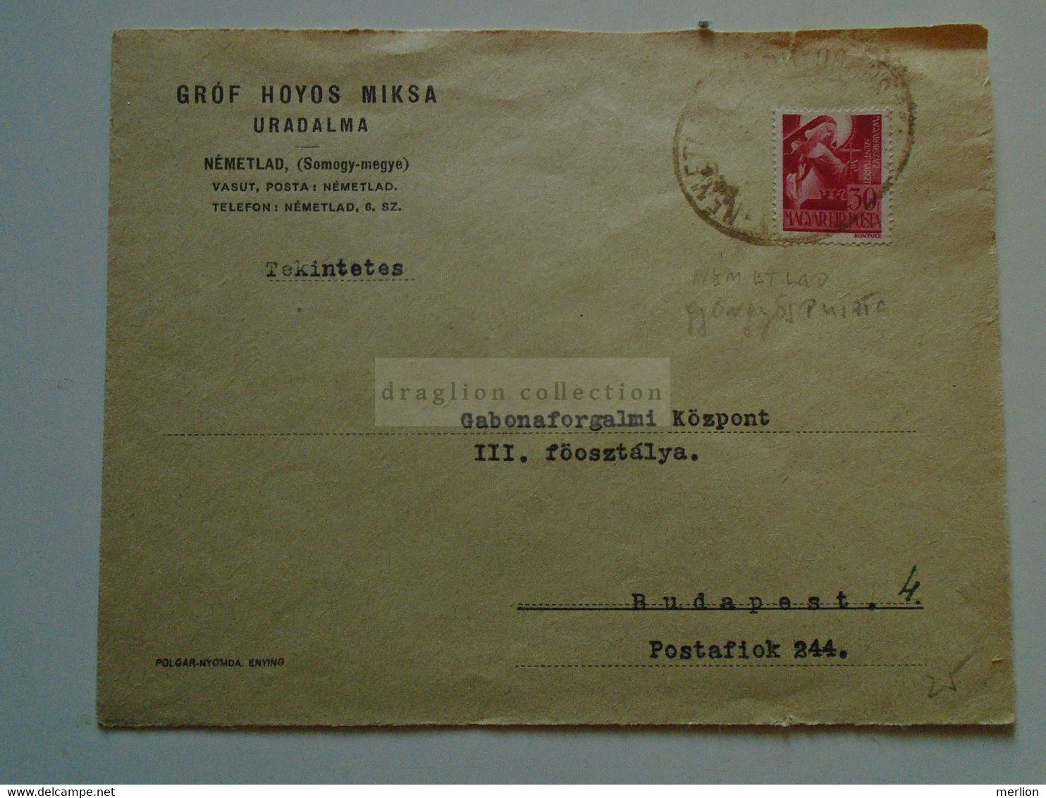 ZA344.25 Hungary-   Cover 1930's   Gróf Hoyos Miksa Uradalma  NÉMETLAD (Somogy M.)  Németlad Gyöngyöspuszta - Autres & Non Classés