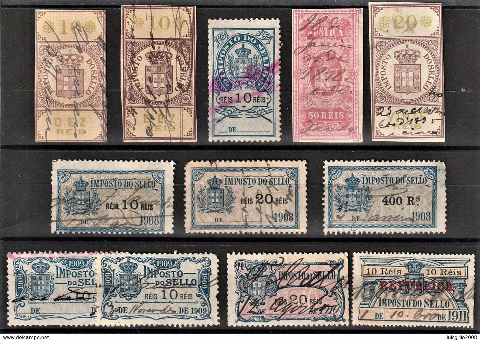 Fiscal/ Revenue, Portugal - Imposto Do Sello -|- 12 Stamps - 1873+1879+1907+1908+1909+1910+1911 - Used Stamps