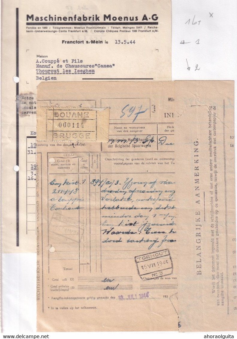 DDY 460 -- Collection THOUROUT - Facture Et Document De DOUANE BRUGGE S/Timbres Fiscaux , Gare De TORHOUT 15 VII 1944 - Documents